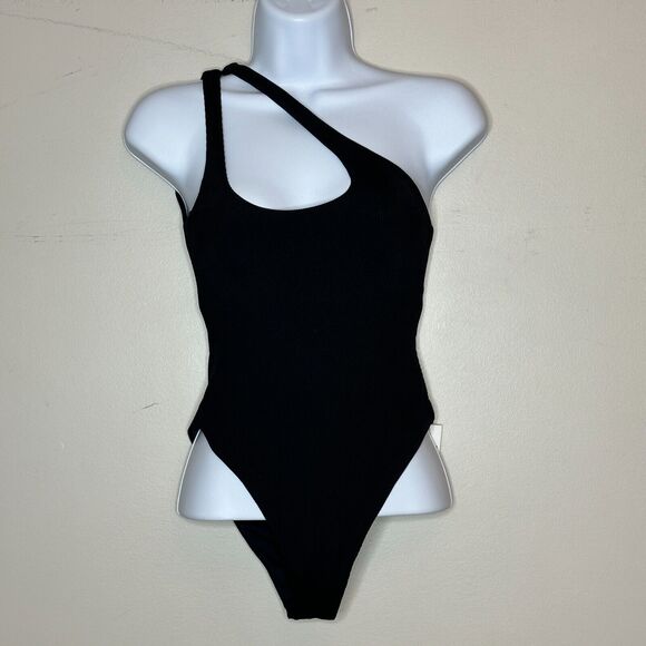 L*Space Phoebe One Shoulder Cut Out Ribbed One-Piece Swimsuit Black Women 4 NWT - Picture 4 of 10